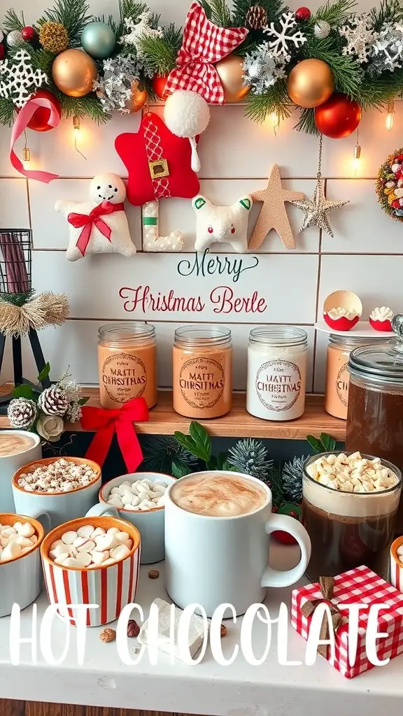 A festive hot chocolate bar with various toppings and decorations