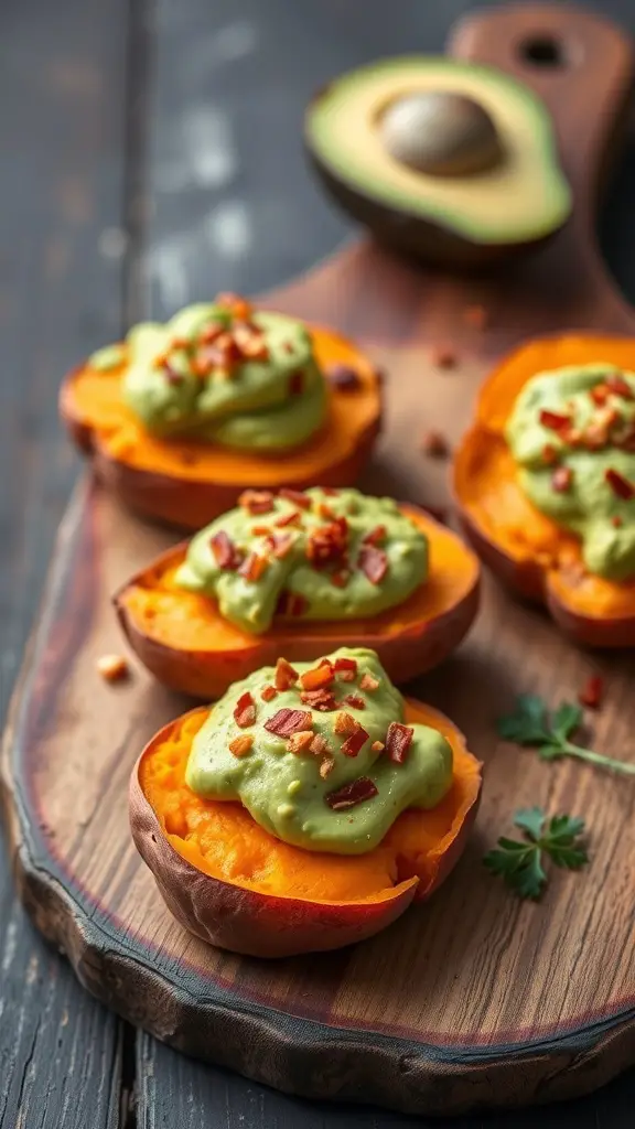 Sweet potato bites topped with avocado and bacon bits on a wooden board