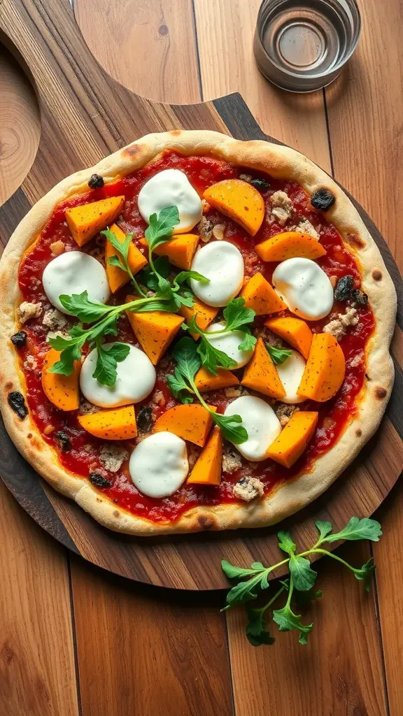 A delicious butternut squash pizza topped with mozzarella and fresh greens on a wooden board.
