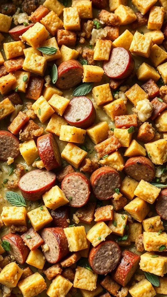Savory stuffing with sausage and sage, featuring golden bread cubes and sausage slices.