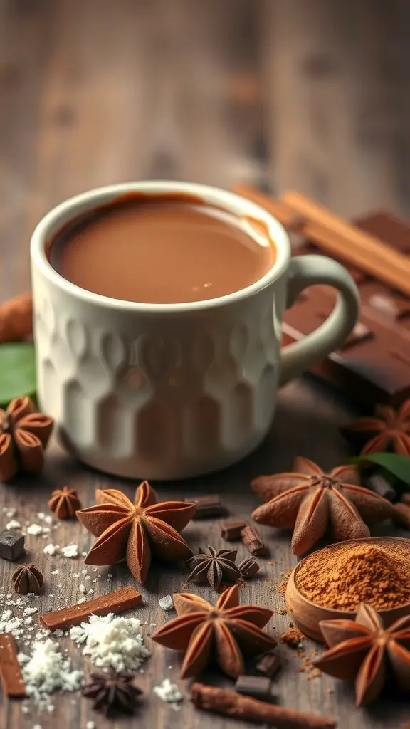 A cup of hot chocolate with spices like star anise, cinnamon, and cocoa powder arranged around it.