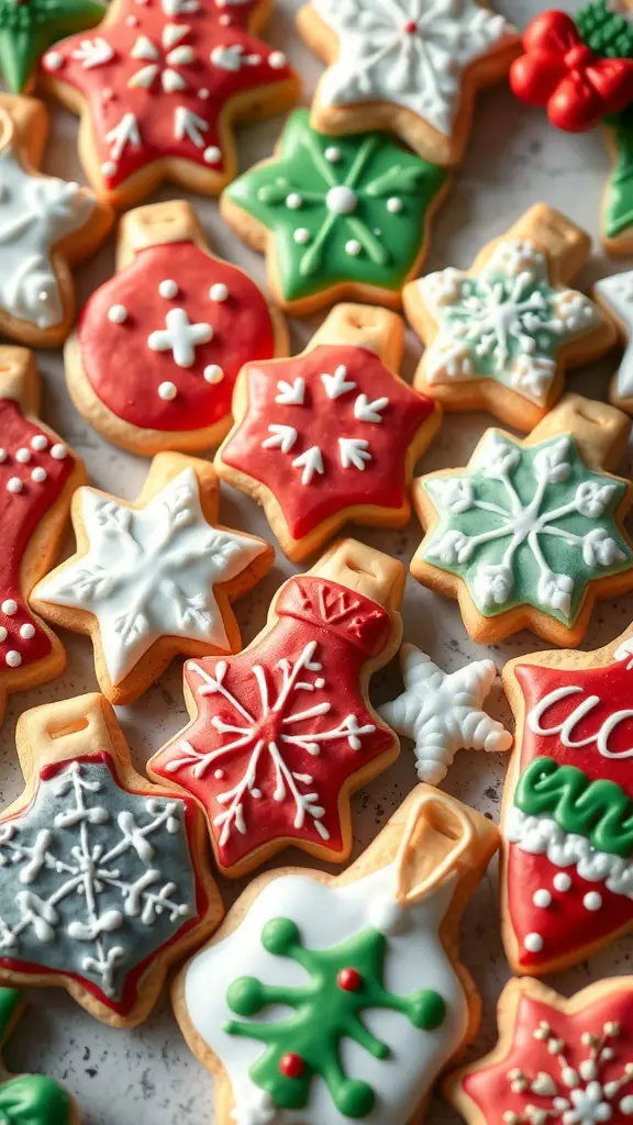A variety of decorated Christmas cookies shaped like ornaments, stars, and snowflakes in festive colors.