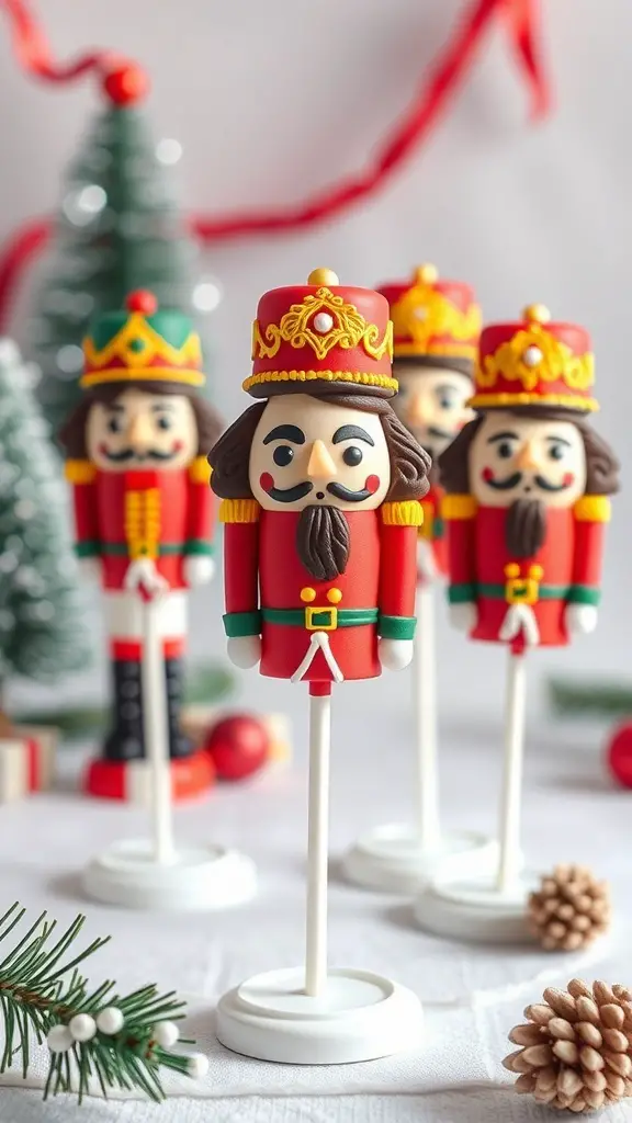 Nutcracker-themed cake pops decorated in red and gold, set against a festive background.