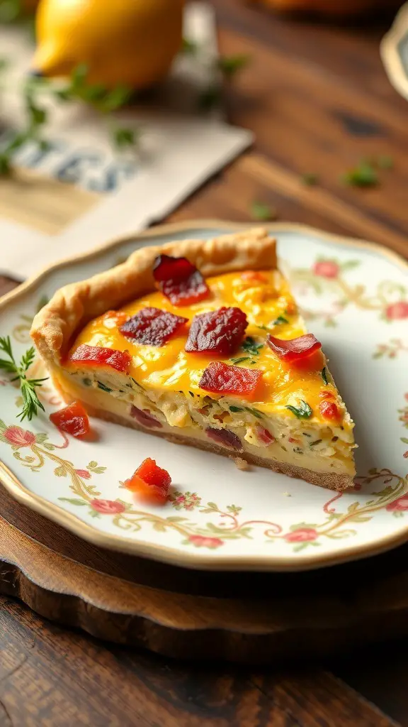 A slice of Quiche Lorraine with bacon and Gruyère on a decorative plate
