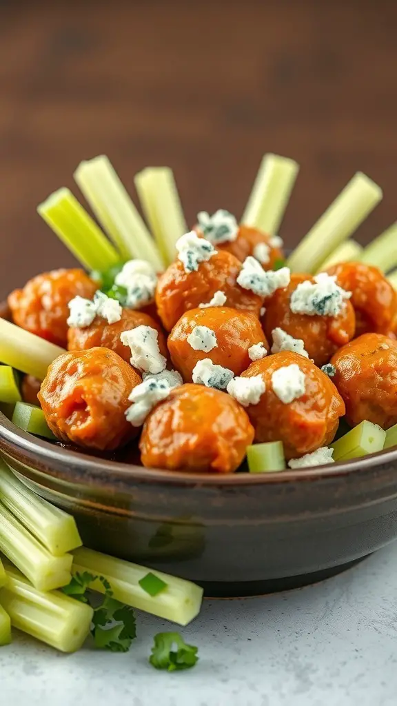 A bowl of buffalo chicken meatballs topped with blue cheese, surrounded by celery sticks.