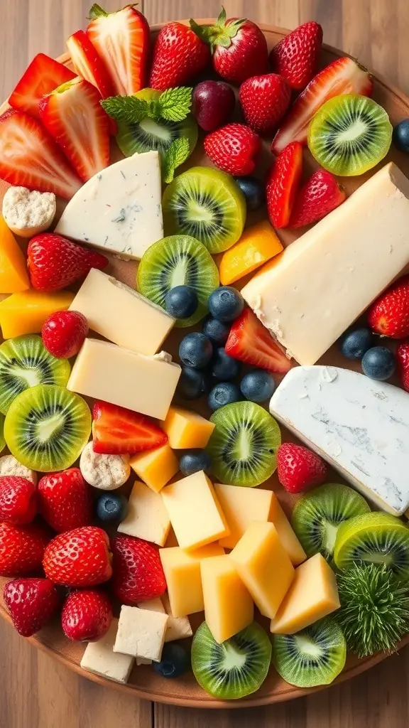 A colorful charcuterie board featuring sliced fruits like strawberries, kiwi, and blueberries, along with various cheeses.