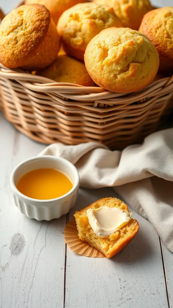 A basket of cornbread muffins with a small bowl of honey butter on a wooden table