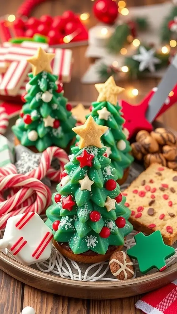 A festive display of Little Debbie Christmas Tree Cakes surrounded by various holiday treats.