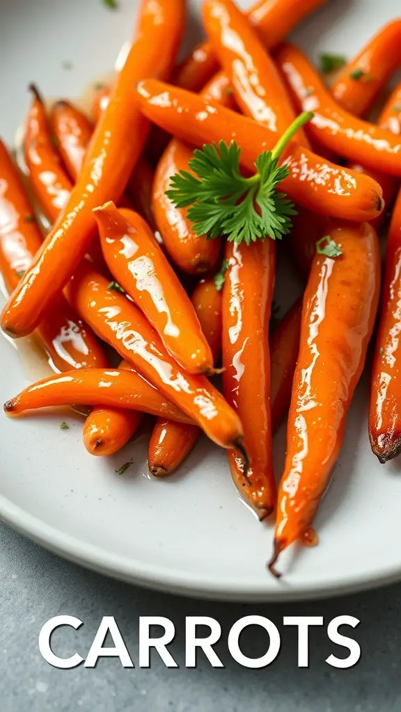A plate of honey glazed carrots garnished with a sprig of parsley.