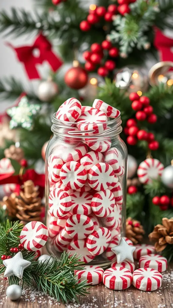 A jar filled with red and white peppermint hard candies surrounded by holiday decorations.