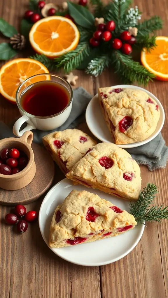 Cranberry orange scones with a cup of tea and fresh oranges on a wooden table