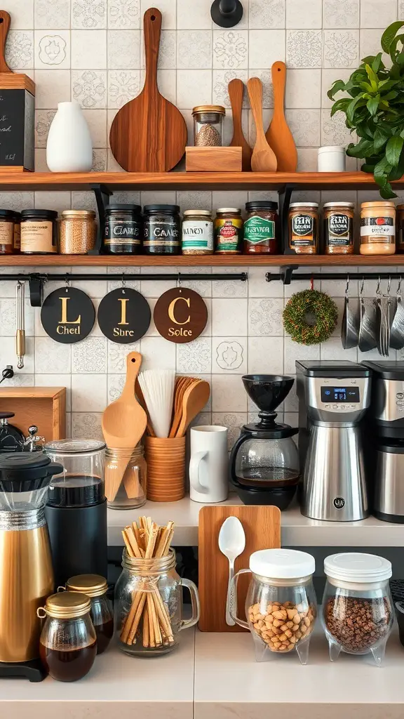 A cozy Christmas coffee bar setup with jars, coffee makers, and festive decorations.