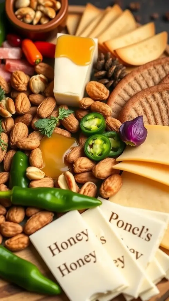 A charcuterie board featuring spicy peppers, nuts, honey, and various cheeses.