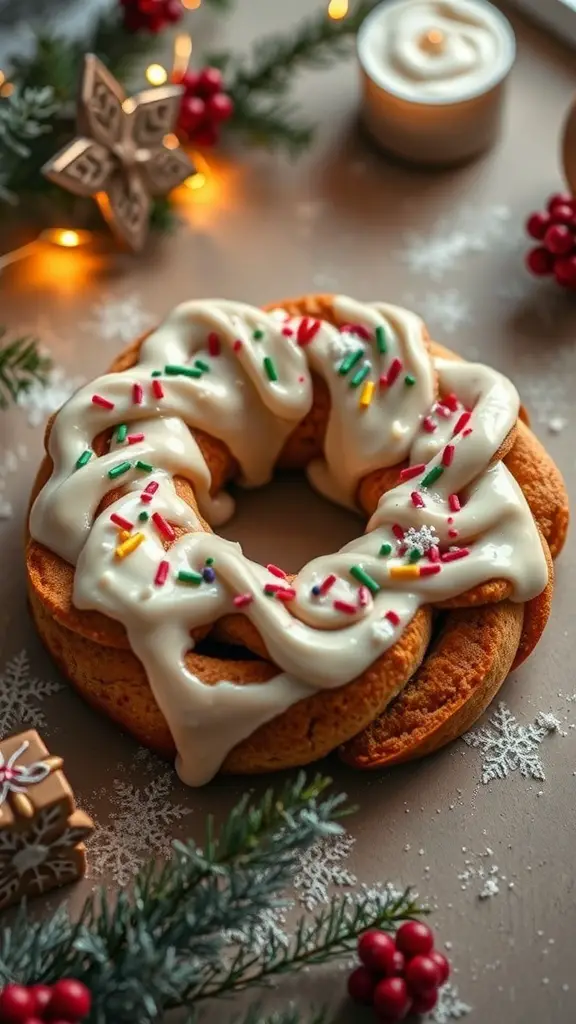 A festive cinnamon roll wreath topped with icing and colorful sprinkles, surrounded by holiday decorations.