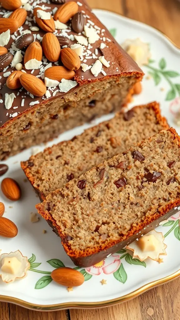 A loaf of Almond Joy Bread topped with chocolate, almonds, and coconut flakes, with slices cut to show the moist interior.