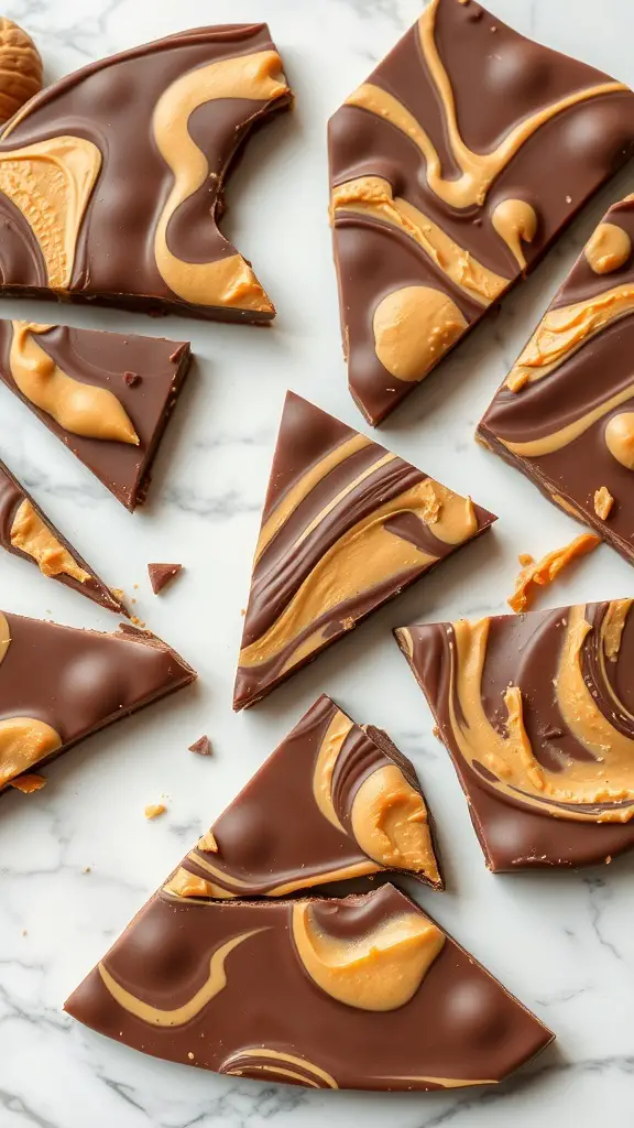 Peanut butter swirl chocolate bark pieces on a marble surface