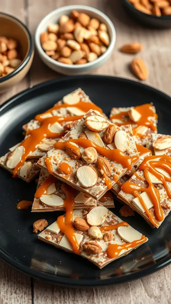 Almond bark topped with caramel drizzle and almonds on a black plate.