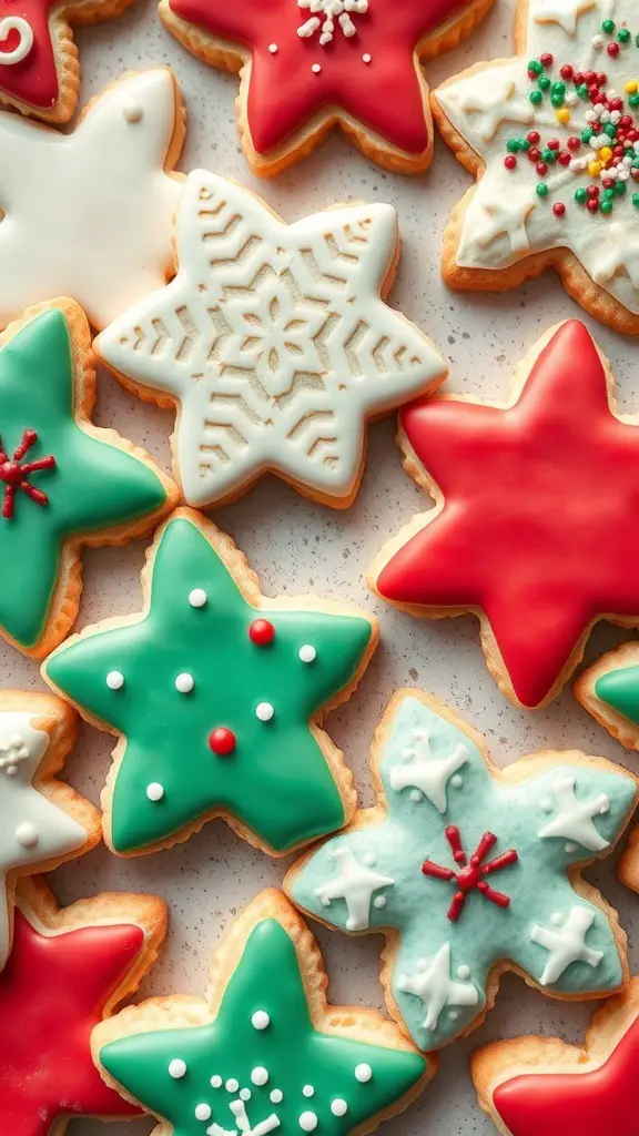 An assortment of decorated sugar cookies in festive shapes and colors.