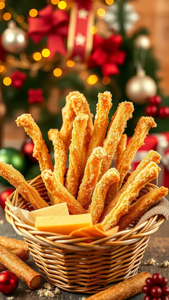 A basket filled with golden cheese straws, surrounded by festive decorations.