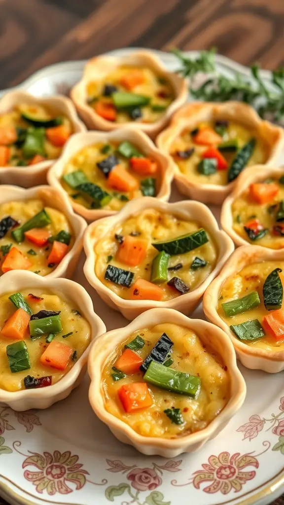 Mini quiches filled with colorful seasonal vegetables on a decorative plate.