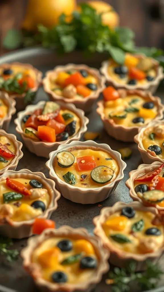 A tray of mini quiches filled with colorful seasonal vegetables.