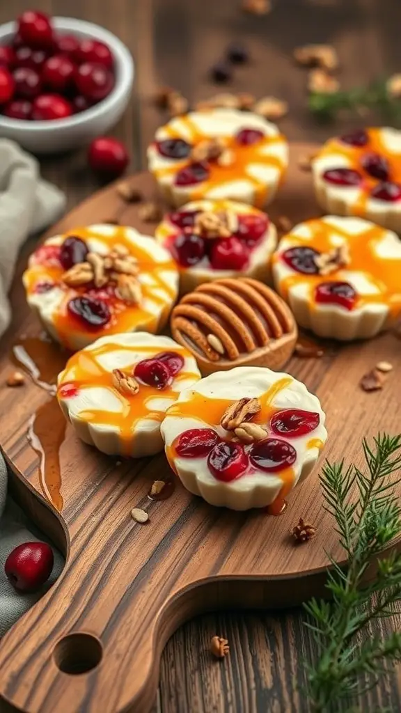 A wooden platter with cranberry brie bites topped with nuts and caramel, surrounded by fresh cranberries.