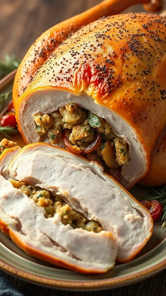 A roasted turkey stuffed with sage and onion, sliced to show the stuffing inside.