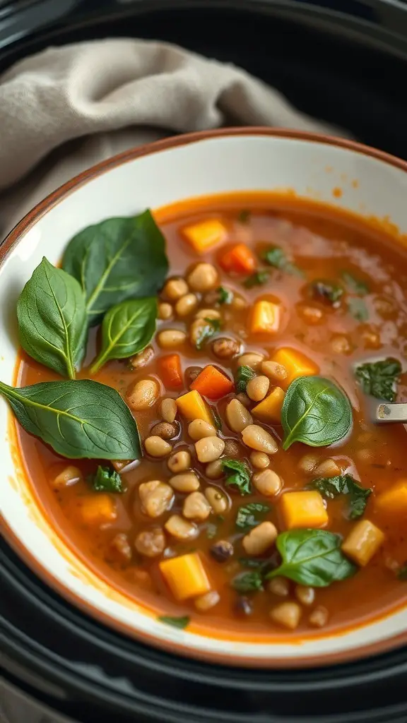 A bowl of Mediterranean lentil soup with spinach, colorful vegetables, and fresh herbs.