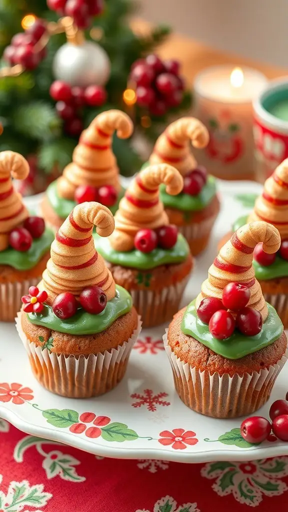 A plate of festive elf hat muffins decorated with green frosting and red berries.