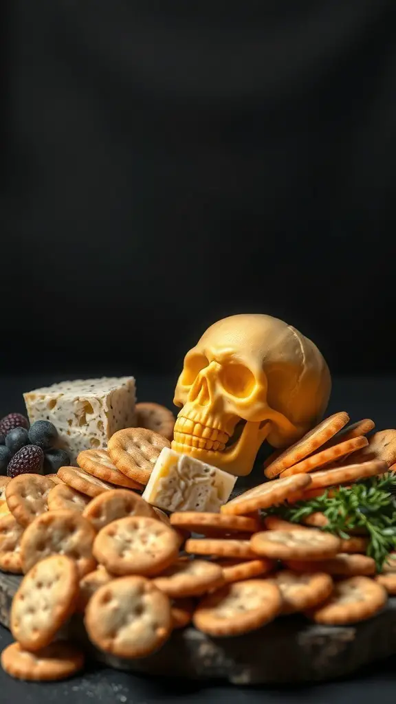 A platter featuring skull-shaped cheese, assorted crackers, and fresh berries for Halloween finger food.