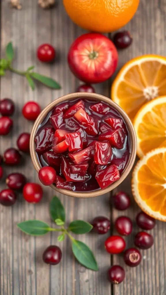 A bowl of cranberry orange relish surrounded by fresh cranberries and orange slices on a wooden table.