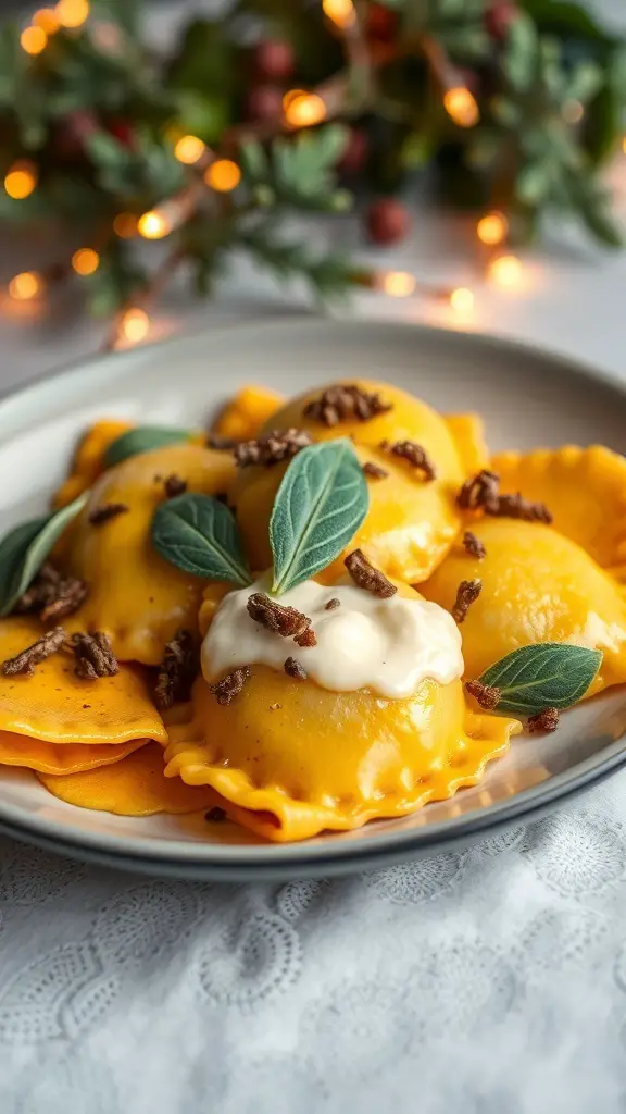 A plate of butternut squash ravioli topped with sage leaves and nuts, surrounded by festive decorations.