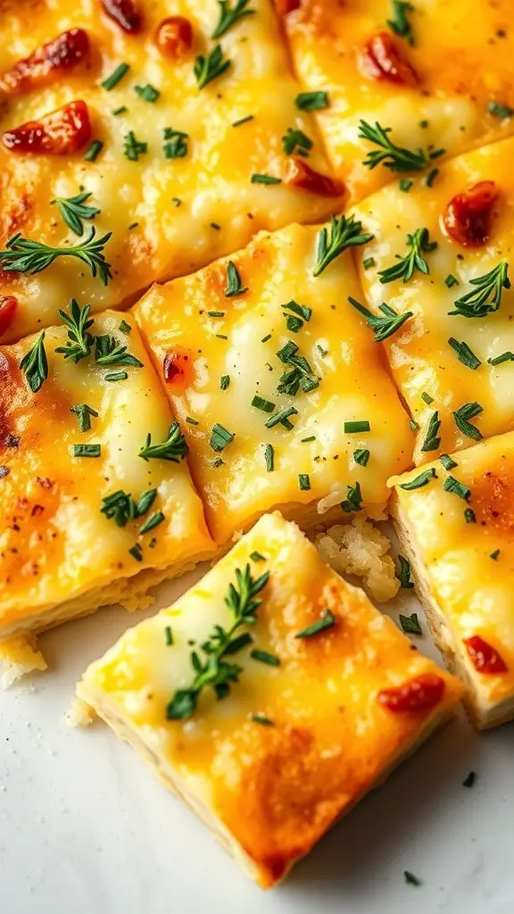 Savory egg and cheese breakfast casserole with fresh herbs on top, cut into squares.