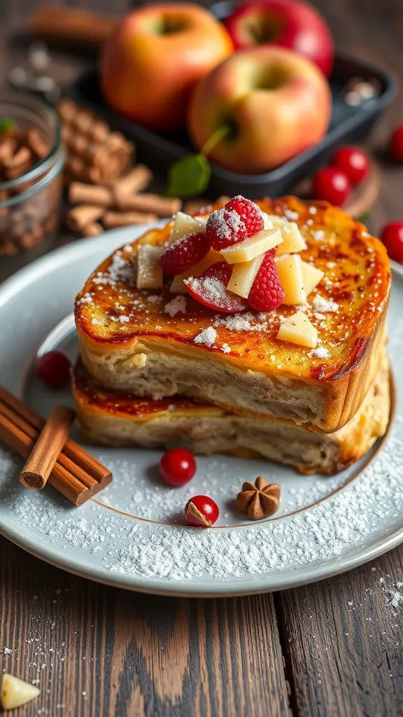 A plate of apple cinnamon overnight French toast topped with fresh fruits and cinnamon sticks.