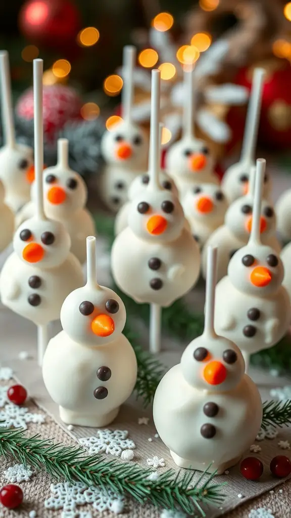 A collection of snowman cake pops decorated with candy eyes, orange noses, and chocolate buttons.