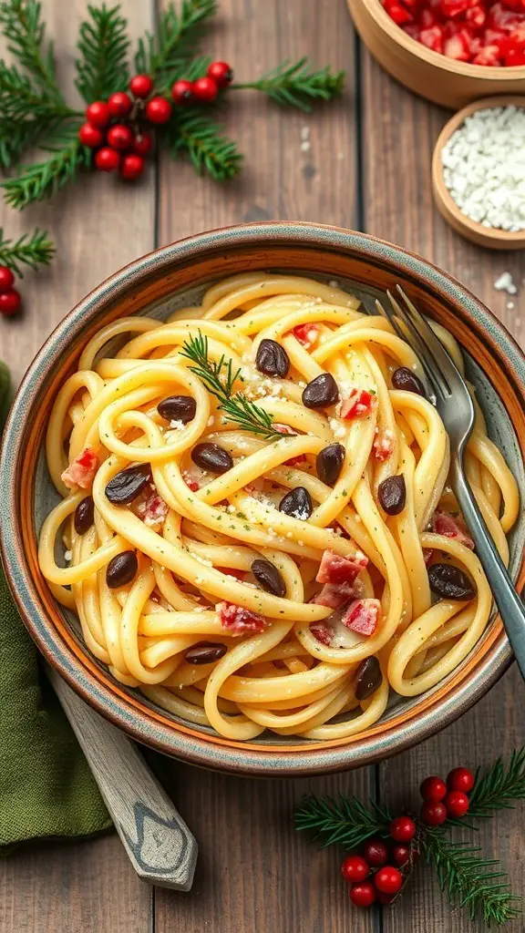 A bowl of Christmas Carbonara with Pancetta, garnished with herbs and surrounded by festive decorations.