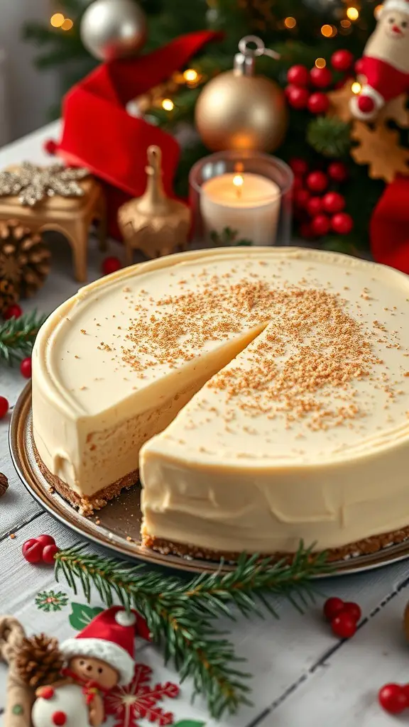 A beautifully decorated Eggnog Cheesecake with nutmeg dusting, surrounded by festive holiday decorations.