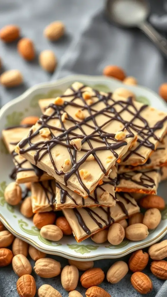 A plate of Peanut Butter Pretzel Bark Delight, drizzled with chocolate and topped with crushed peanuts.