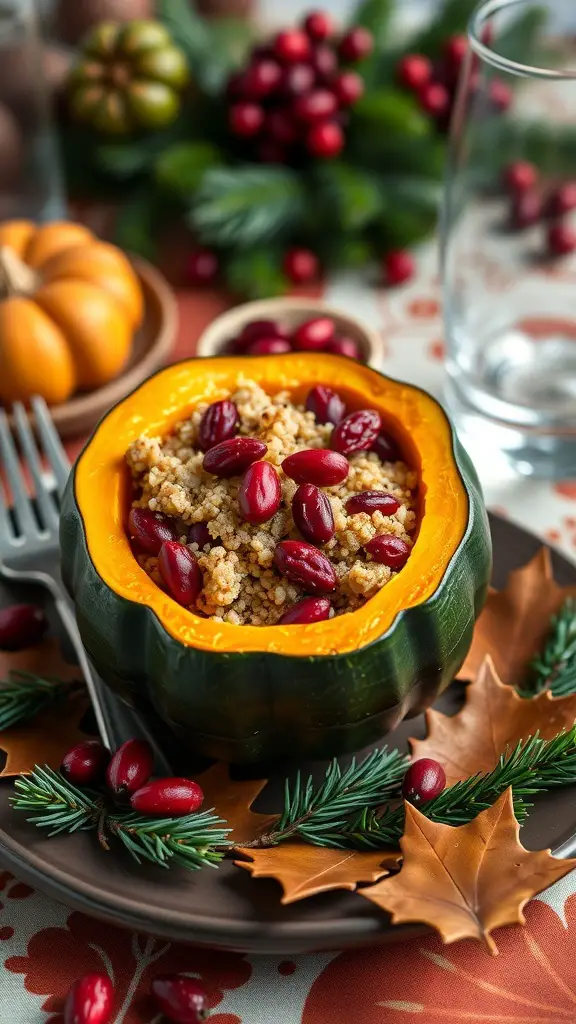 A stuffed acorn squash filled with quinoa and cranberries, garnished with herbs, on a festive table.