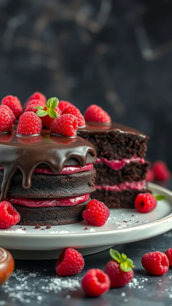 A beautifully layered dark chocolate raspberry cake topped with fresh raspberries and chocolate ganache.