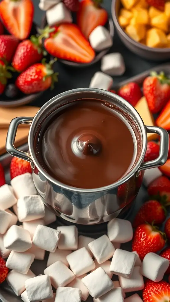 A pot of melted chocolate surrounded by fresh strawberries, marshmallows, and mango chunks for dipping.