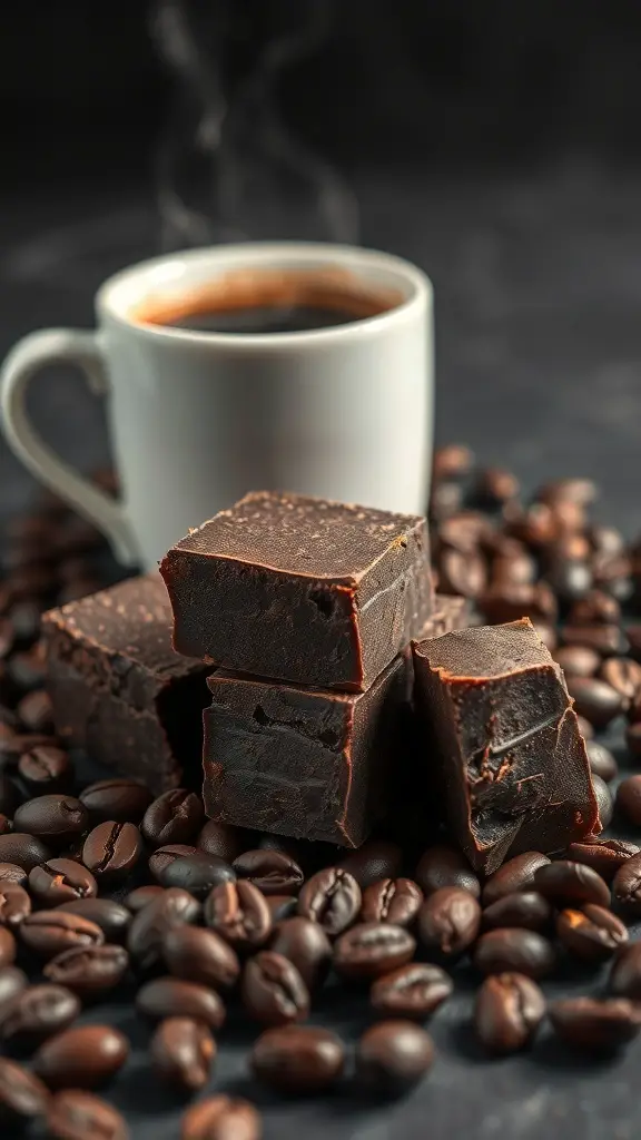 A stack of dark chocolate fudge pieces on coffee beans with a cup of coffee in the background.