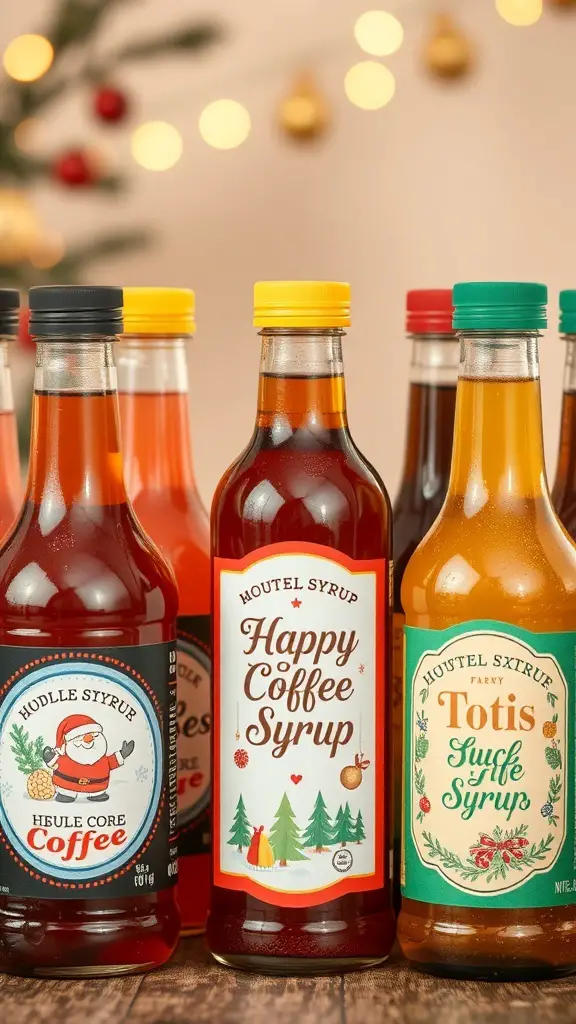 Various festive flavor syrups for a Christmas coffee bar