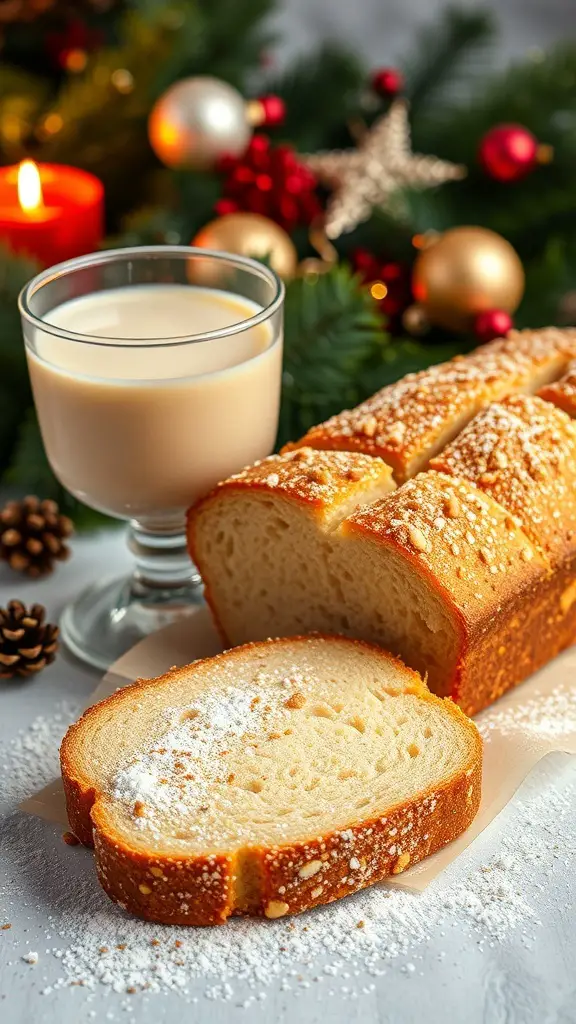 A loaf of eggnog bread with powdered sugar, sliced, next to a glass of eggnog, surrounded by festive decorations.