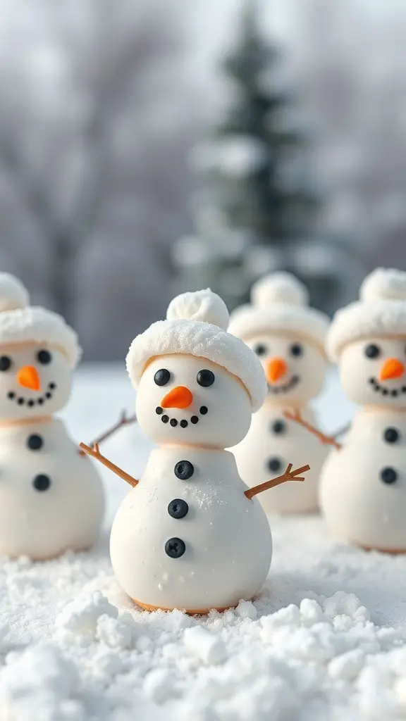 Cute snowman cake pops with marshmallow hats, set in a snowy background.