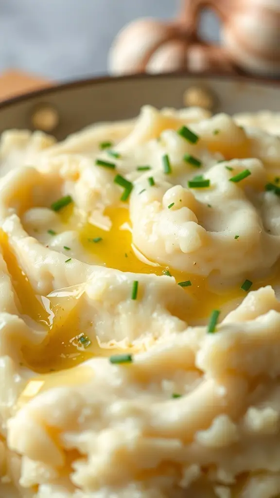 A close-up of creamy mashed potatoes topped with butter and chives.
