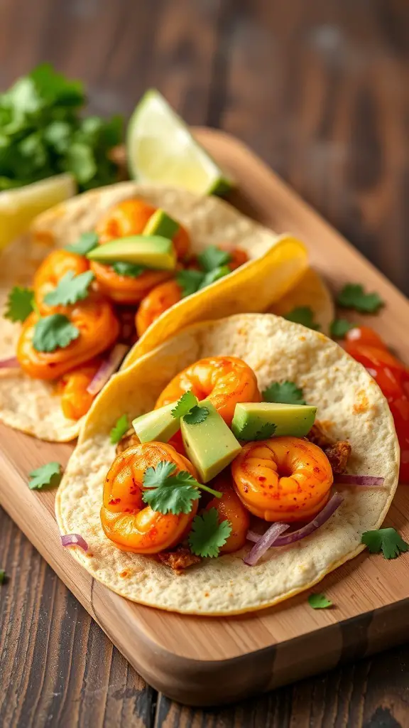 Spicy shrimp tacos with avocado and cilantro on a wooden platter