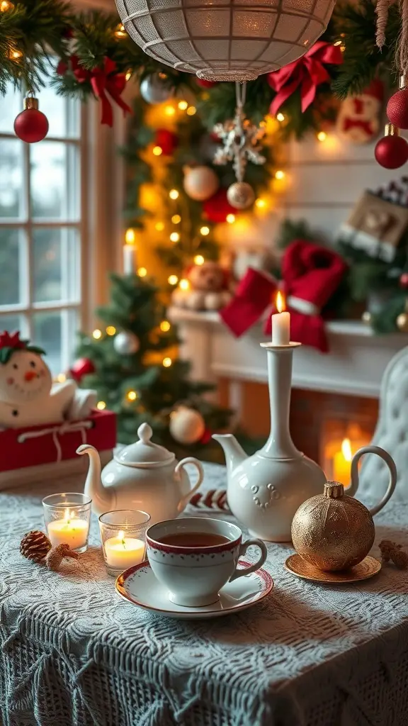 A cozy Christmas tea party setup with a teapot, cup, candles, and festive decorations.