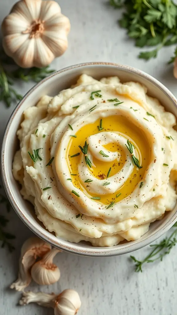 A bowl of creamy garlic mashed potatoes topped with olive oil and herbs, with garlic cloves in the background