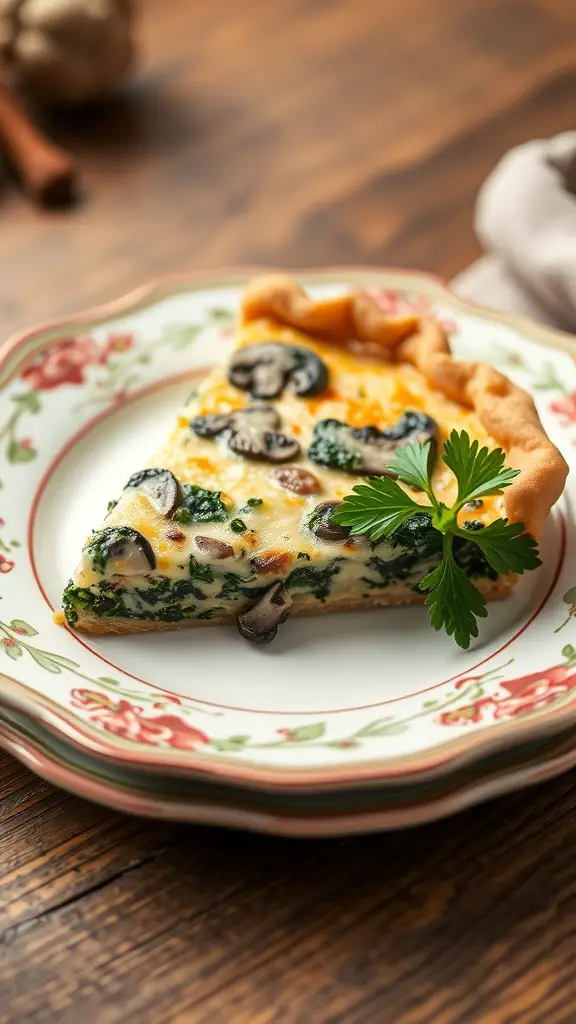 A slice of cheesy spinach and mushroom quiche on a floral plate, garnished with parsley.